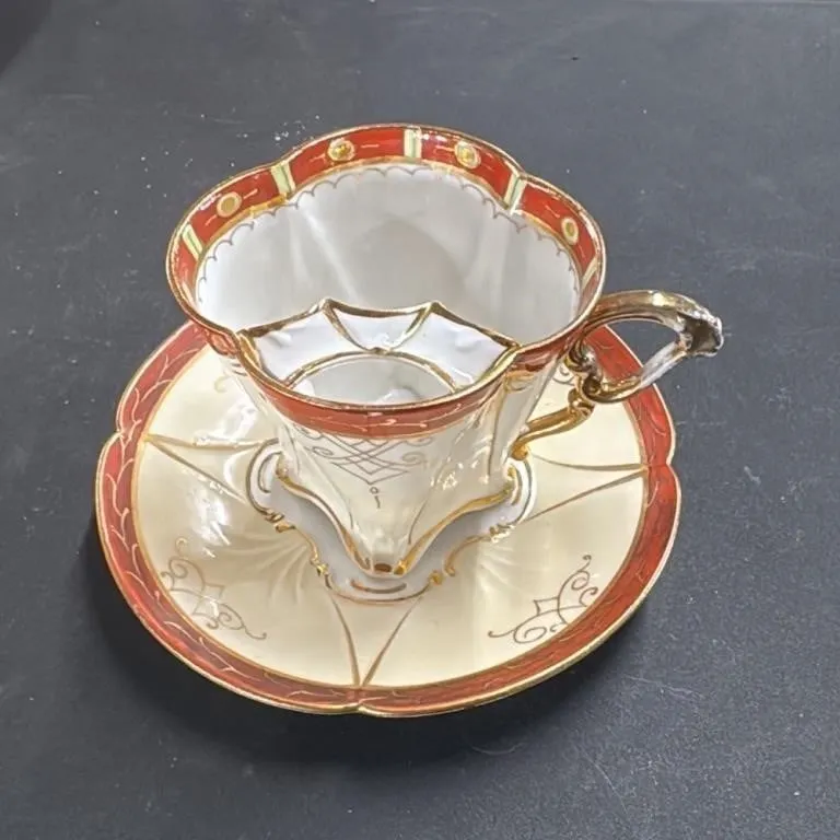 Vintage Porcelain Teacup and Saucer Set Red Gold T