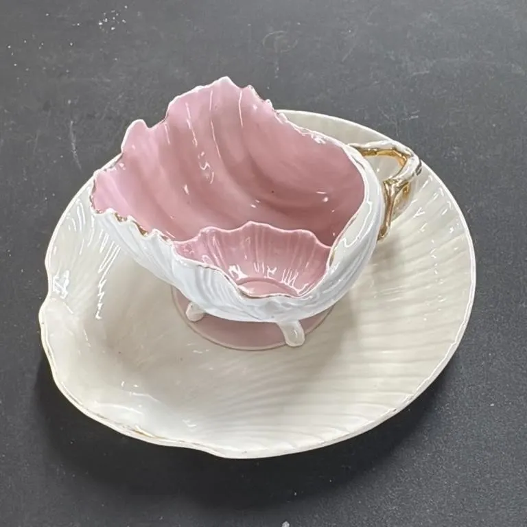 Vintage Pink and White Seashell Teacup and Saucer