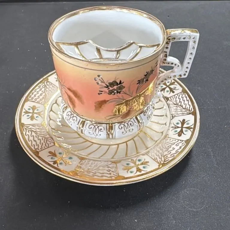 Antique Mustache Cup and Saucer Set Porcelain Gold