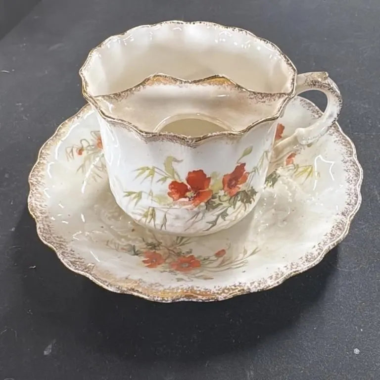 Antique Mustache Cup and Saucer Set Floral Design