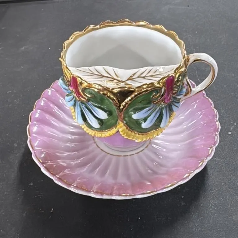 Antique Porcelain Mustache Cup and Saucer Set Pink