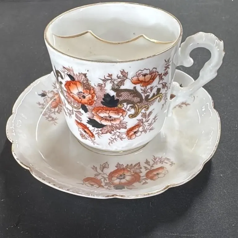Antique Mustache Cup and Saucer Floral Pattern Por