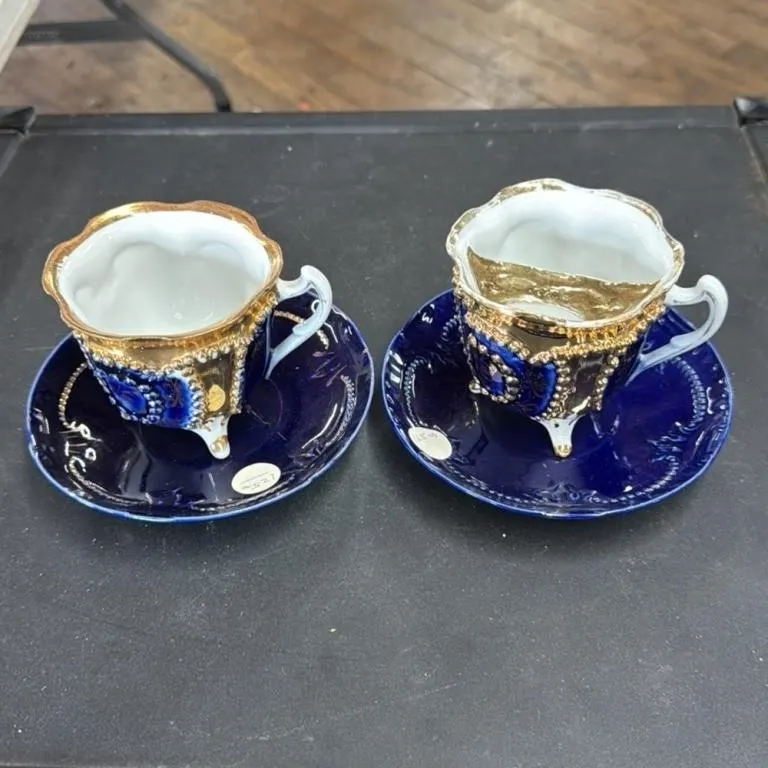 Set of 2 Vintage Cobalt Blue & Gold Gilded Porcela