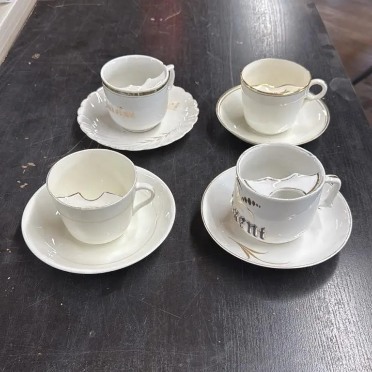 Set of 4 Vintage German Mustache Cups and Saucers