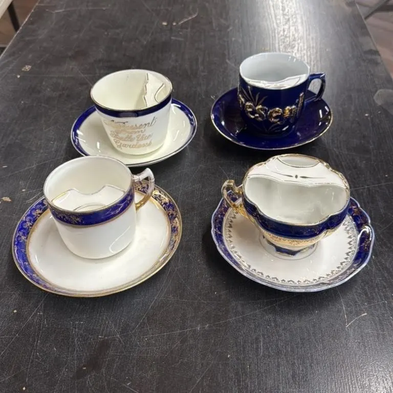 Antique Mustache Cups and Saucers Set of 4 Cobalt