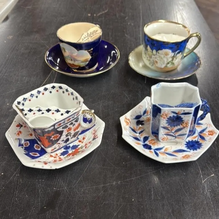 Antique Porcelain Teacup and Saucer Set - Blue and