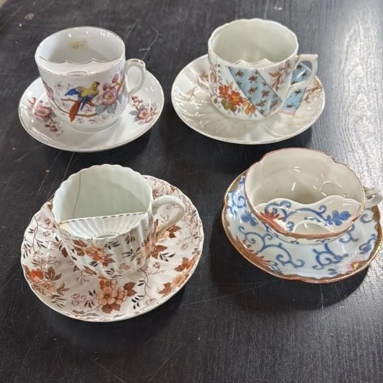 Antique Mustache Cup and Saucer Set - 4 Pieces