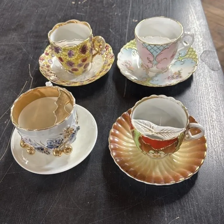 Set of 4 Antique Porcelain Demitasse Cups and Sauc