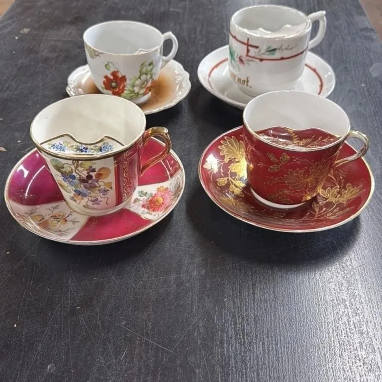 Set of 4 Antique Porcelain Mustache Cups and Sauce