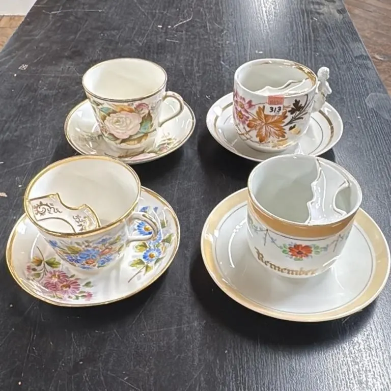 Set of 4 Antique Mustache Cups and Saucers