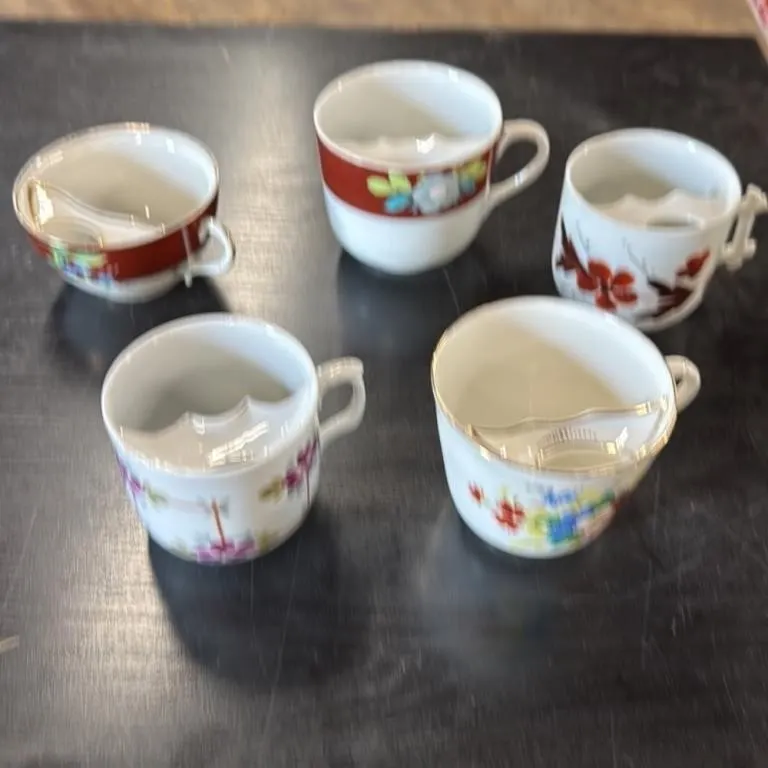 Set of 5 Vintage Mustache Cups with Floral Designs