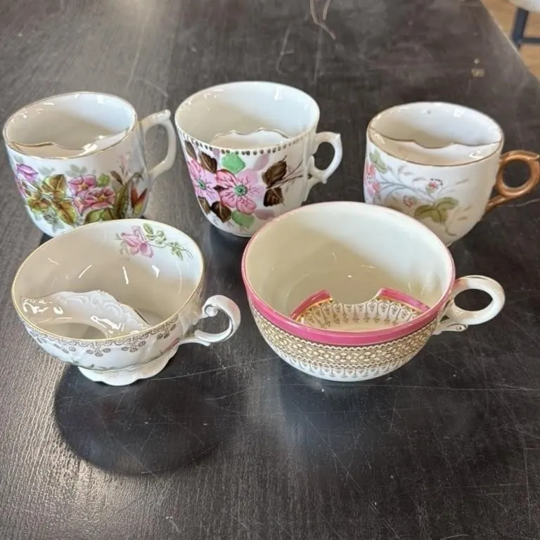 Set of 5 Vintage Porcelain Mustache Cups with Flor
