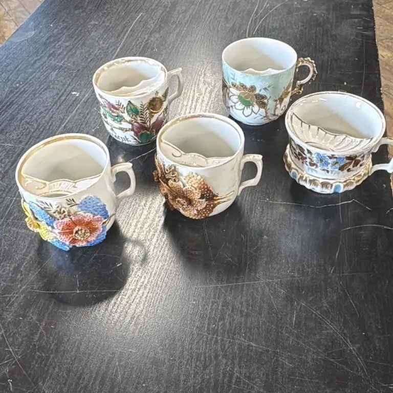 Set of 5 Antique Mustache Cups with Floral Designs