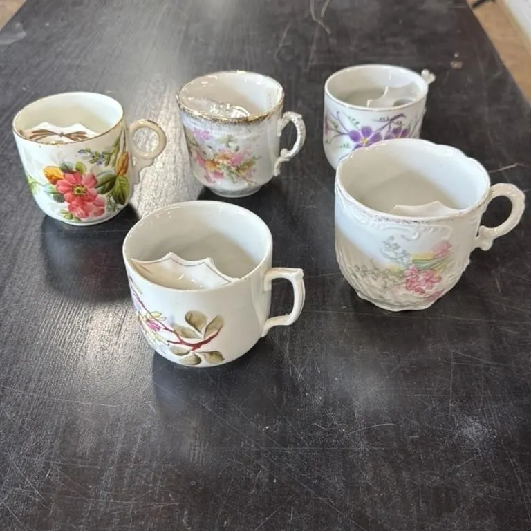 Set of 5 Antique Mustache Cups with Floral Designs