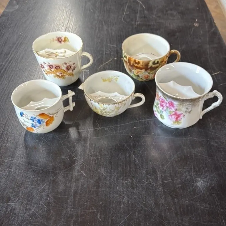 Set of 5 Antique Mustache Cups with Floral Designs