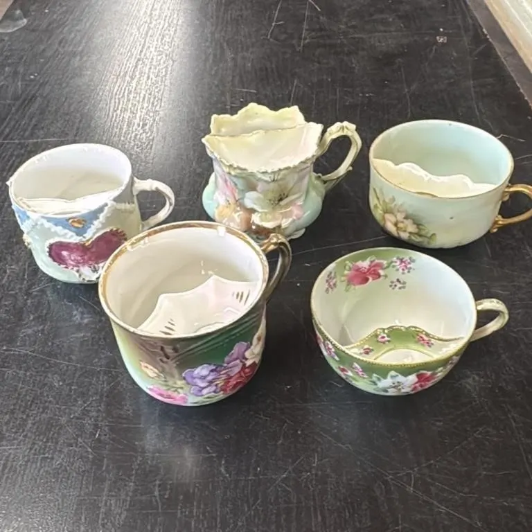 Antique Mustache Cups Set of 5 Floral Hand Painted