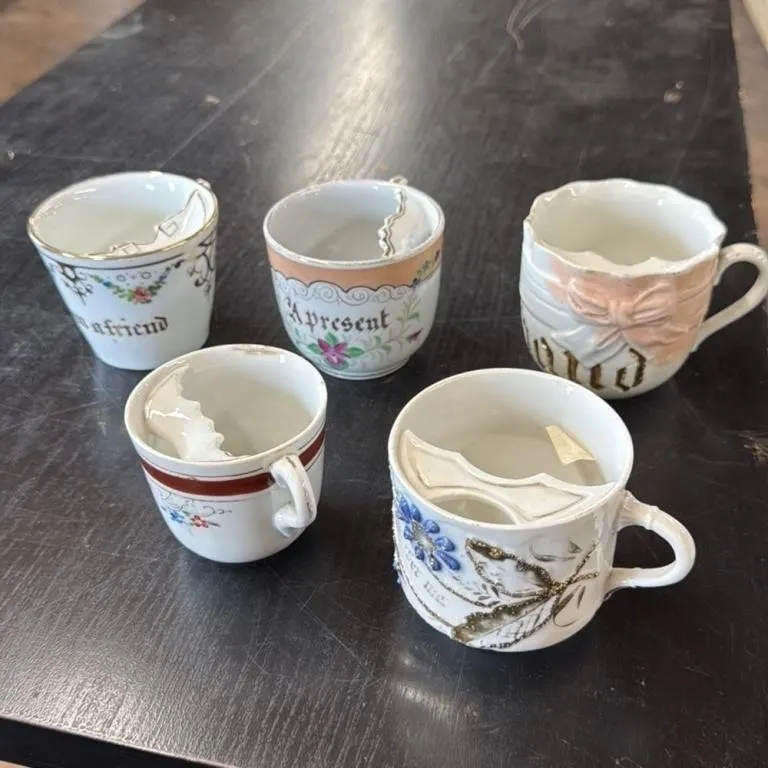 Antique Porcelain Mustache Cups with Gilt Trim and