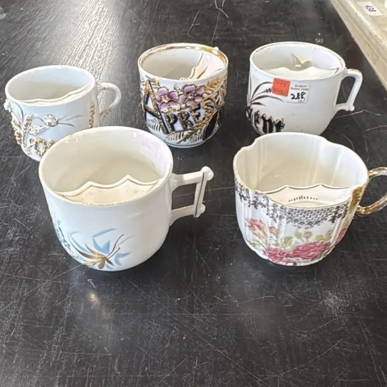 Collection of 5 Antique Mustache Cups with Floral