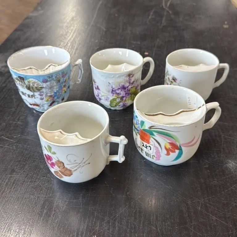 Set of 5 Antique Mustache Cups with Floral Designs