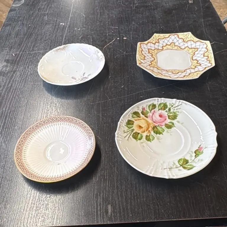 Set of 4 Vintage Saucers with Floral and Geometric