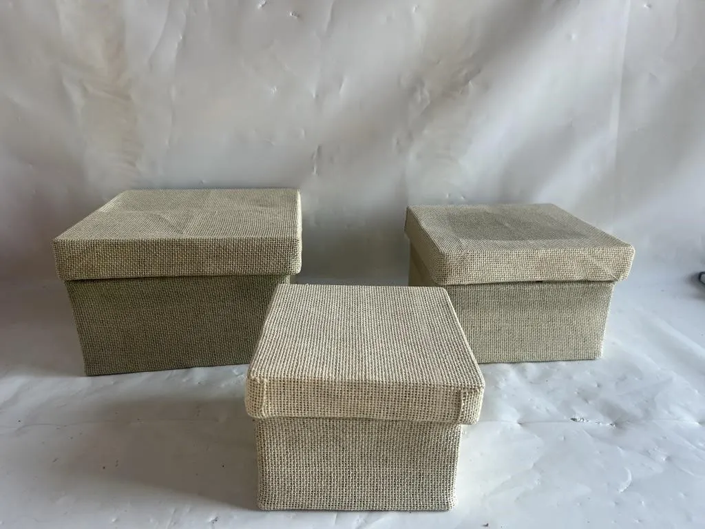 Set of 3 Woven Burlap Storage Boxes with Lids