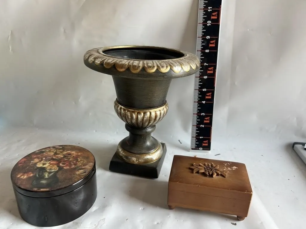 Decorative Urn, Trinket Box & Wooden Box Lot