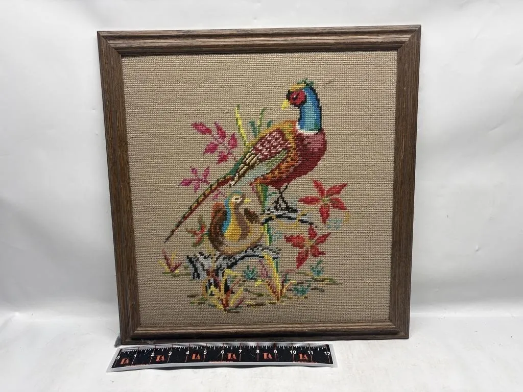 Framed Needlepoint Pheasants Artwork