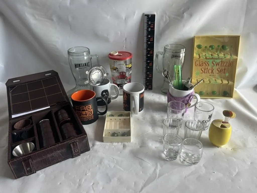 Bar Set, Mugs, Glasses & Barware Lot