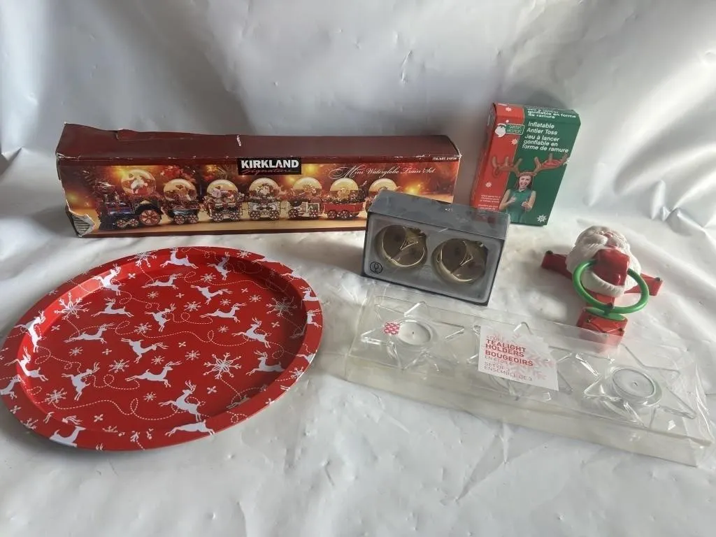 Christmas Decor Lot: Waterglobe Train, Tray, Toss