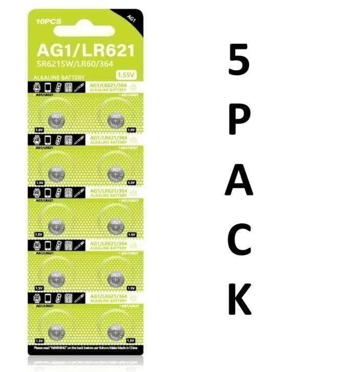 NEW $44 5 X 10PC AG1/LR621 Button Batteries