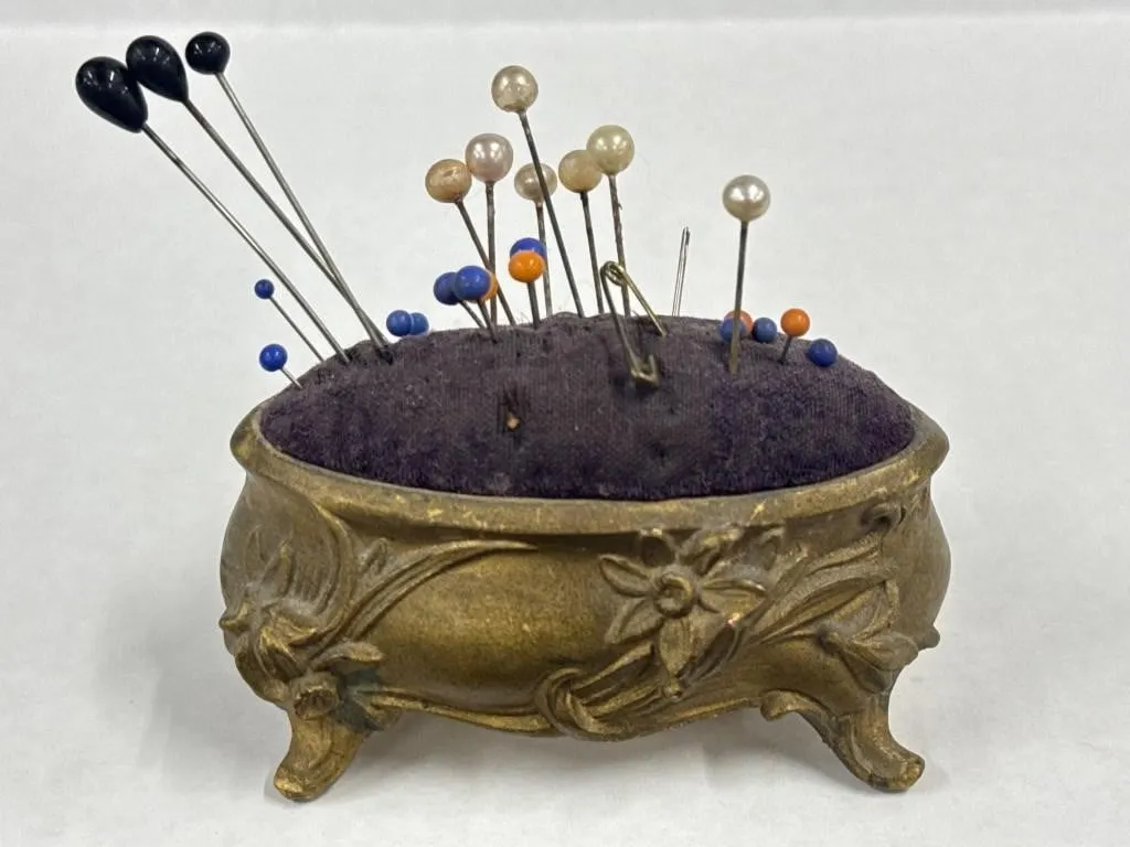 Brass Footed Pin Cushion with Assorted Sewing and