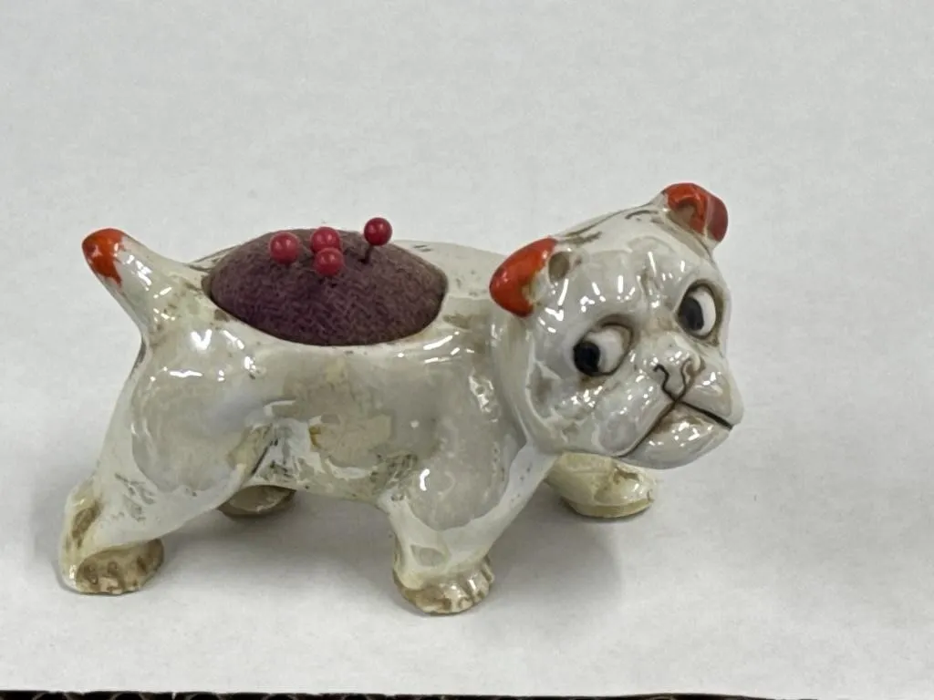 Ceramic Lusterware Bulldog Pin Cushion Figurine