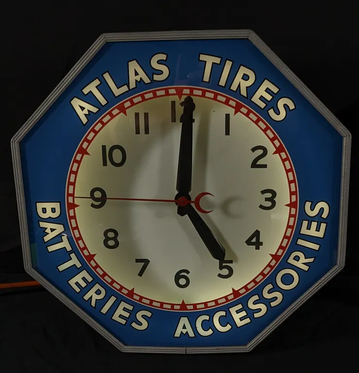 "NEON PRODUCTS" NEON CLOCK SIGN ATLAS TIRES BATTERIES ACCESSORIES