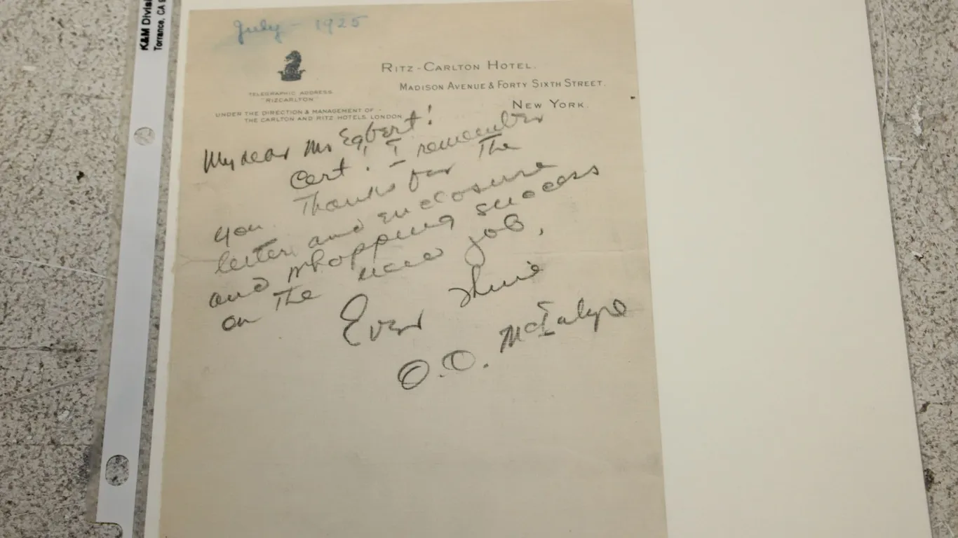 O.O. McIntyre Autographed Note