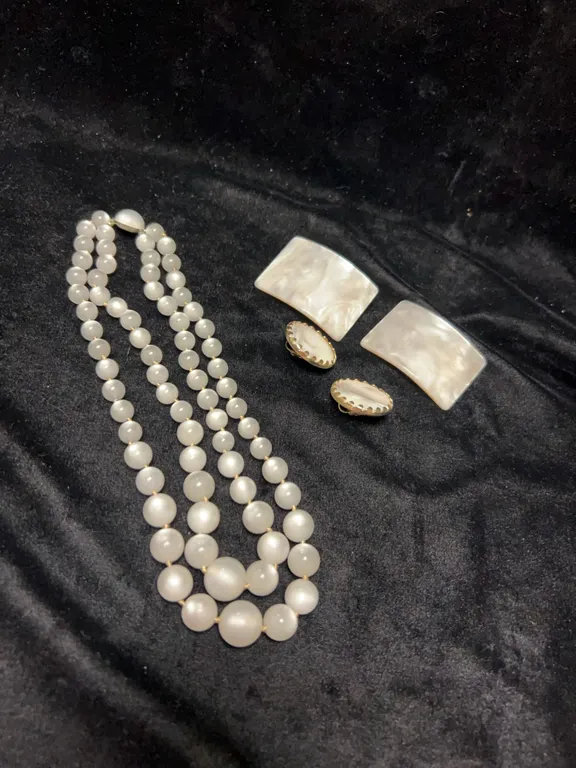 Three-Piece Set: Double-Strand Faux Pearl Necklace, Clip-On Earrings, and Rectangular Clip Shoe Slid