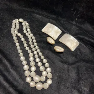 Three-Piece Set: Double-Strand Faux Pearl Necklace, Clip-On Earrings, and Rectangular Clip Shoe Slid
