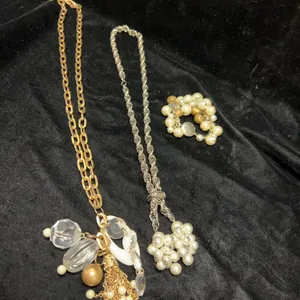 Costume Jewelry Necklaces and Bracelet with Faux Pearls, Glass, and Gold-Tone Accents, 3 Pieces
