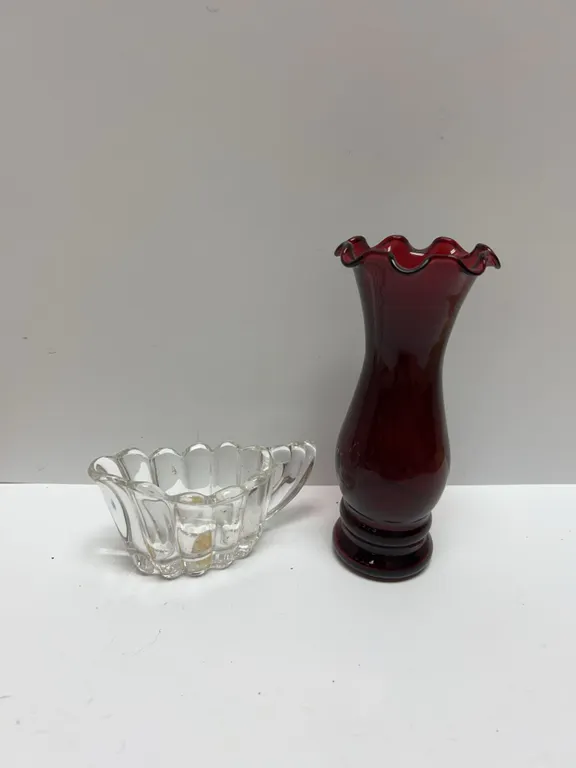 Heisey Clear Pressed Glass Handled Dish with Labeled Base and Ruby Red Ruffled Top Vase Pair 6.5" Hi
