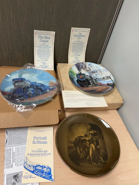 Three Collector Plates: Hamilton Railroad Plates Pennsylvania K-4 & Blue Comet, and Burn's At The Pl
