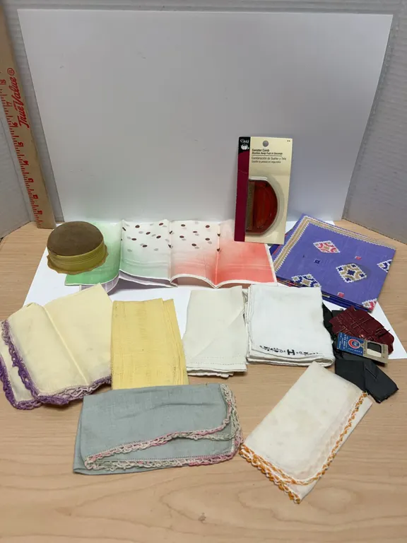 Handkerchiefs, Pin Cushion, Sewing Notions, and Sweater Comb in Package, c. 20th Century