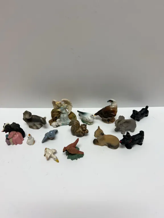 16 Animal and Angel Figurines, Assorted Japan Marked Porcelain and Ceramic Miniatures, 20th Century