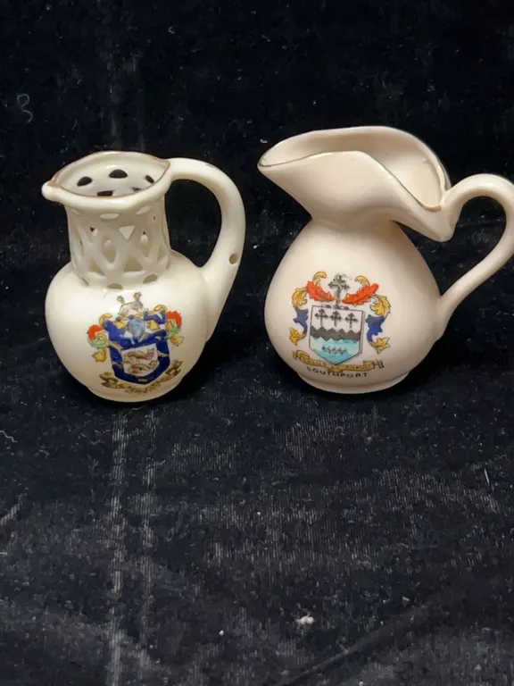2 Early 20th Century English Crested China Miniature Pitchers Marked Willow Art and The Corona