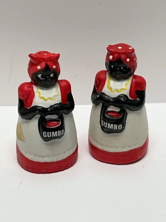 'Gumbo' Mammy Ceramic Salt and Pepper Shakers with Red Bandanas, Circa Mid-20th Century, 4 Inch