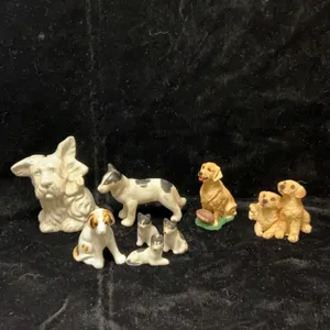 Mid-Century Japanese Porcelain and Contemporary Dog Figurines, 7 Pieces, Including Living Stone Inc.