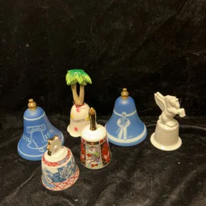 6 Decorative Bells: Erskine Hand-Blown Glass, Kohzan Japan Porcelain, and Others, 1976 Liberty Bell