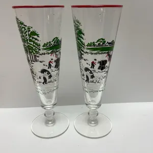 Hand-Painted Footed Glasses Depicting Harvest Scene With Red Rim, 9 Inches Tall Each Glassware