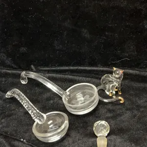 Clear Glass Miniature Items: Two Handled Ladles, Cat Figurine with Gold Accents, and Faceted Stopper