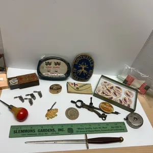 Eclectic Collection of Small Americana, Vintage Ephemera, Badges, Sewing, and Novelty Items (15+ Pie