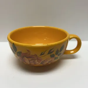McCoy USA Pottery 137 Yellow Cup With Rose Motif, Embossed Mark On Base, Hand-Painted Floral Design