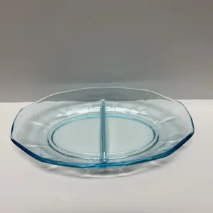 Fostoria Blue Glass Divided Oval Relish Dish, 12 Inch, Elegant Depression Era Tableware Piece, Two S